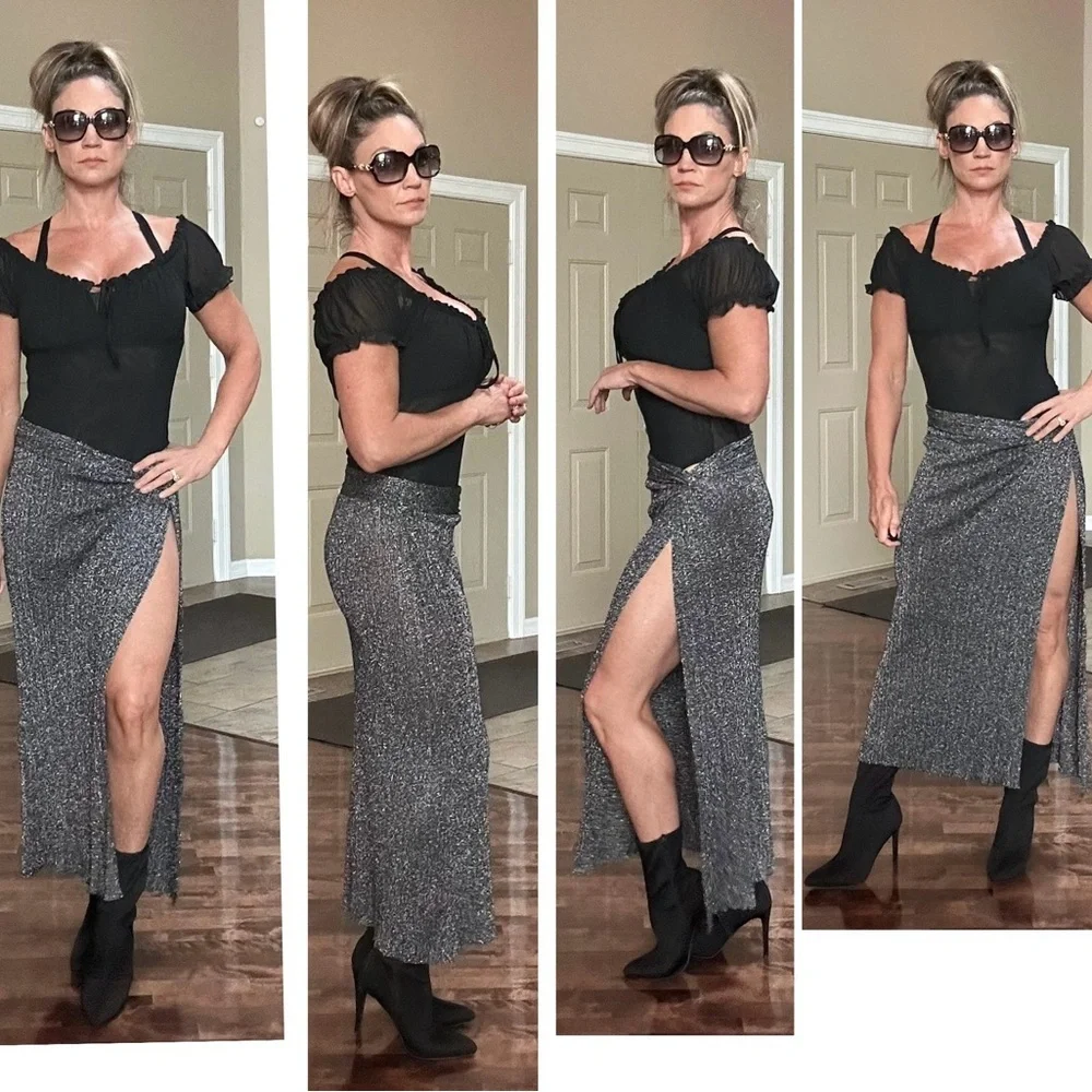 Zara black silver thread knit skirt side twist knot high slit Sz S NWOT